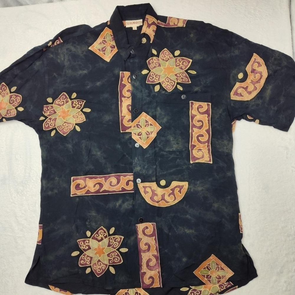 Serendipity Maui Shirt Mens Large Black Rayon Hawaiian Aloha Floral Abstract